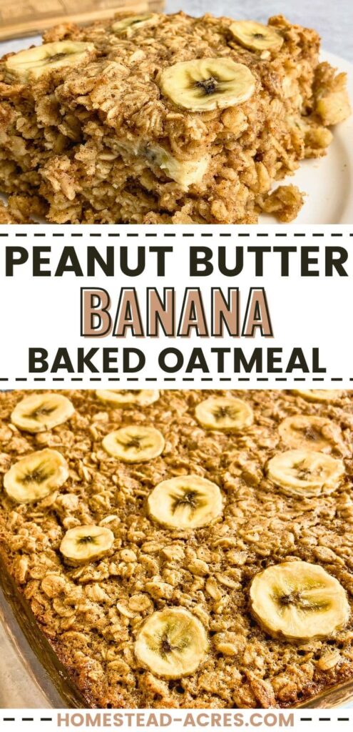 A collage of a slice of banana and peanut butter baked oatmeal on a plate and in a baking dish. The text overlay says Peanut Butter Banana Baked Oatmeal.
