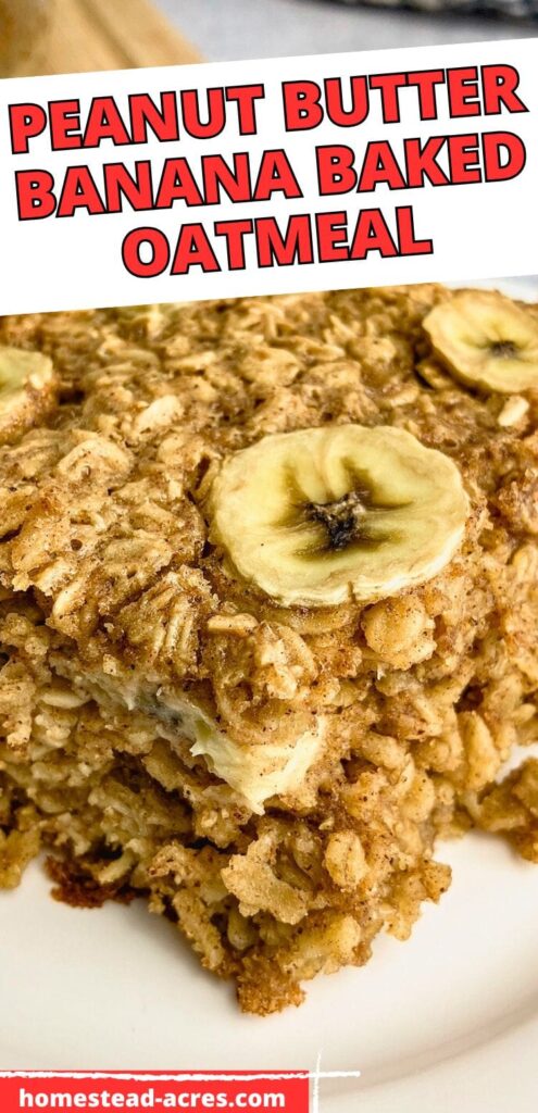 A slice of baked oatmeal with bananas on a plate. The text overlay says Peanut Butter Banana Baked Oatmeal.