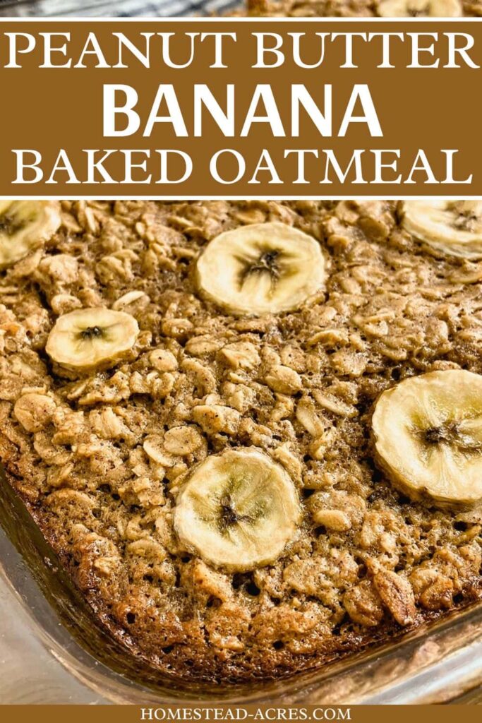 Homemade baked oatmeal with peanut butter and bananas. The text overlay says Peanut Butter Banana Baked Oatmeal.