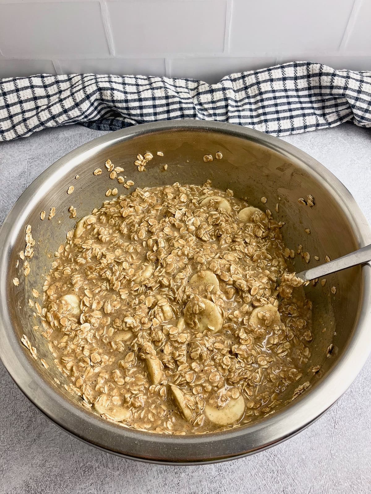 Peanut butter banana baked oatmeal batter all mixed together.