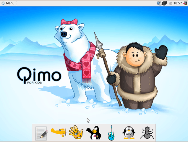 Qimo desktop with cute polar bear and person background.