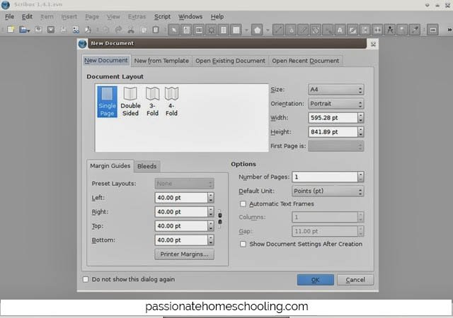 Screenshot of make a new document window in Scribus.