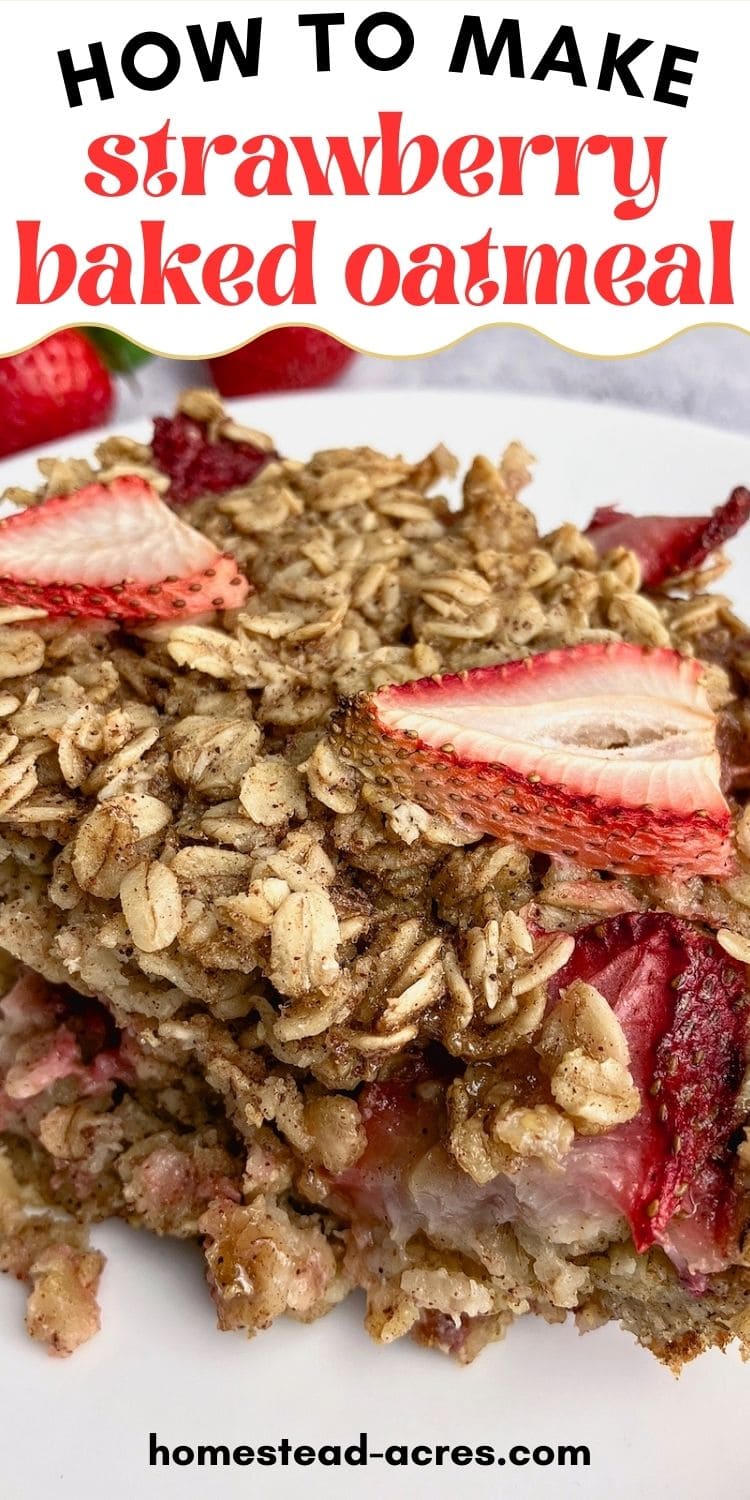 A slice of baked oatmeal with strawberries on a plate. The text overlay says How To Make Strawberry Baked Oatmeal.