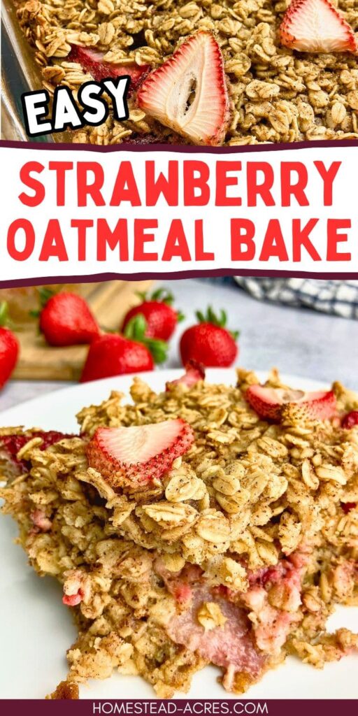 A collage of a baking dish of homemade strawberry oats and a slice of it on a plate with fresh strawberries in the background. The text overlay says Easy Strawberry Oatmeal Bake.