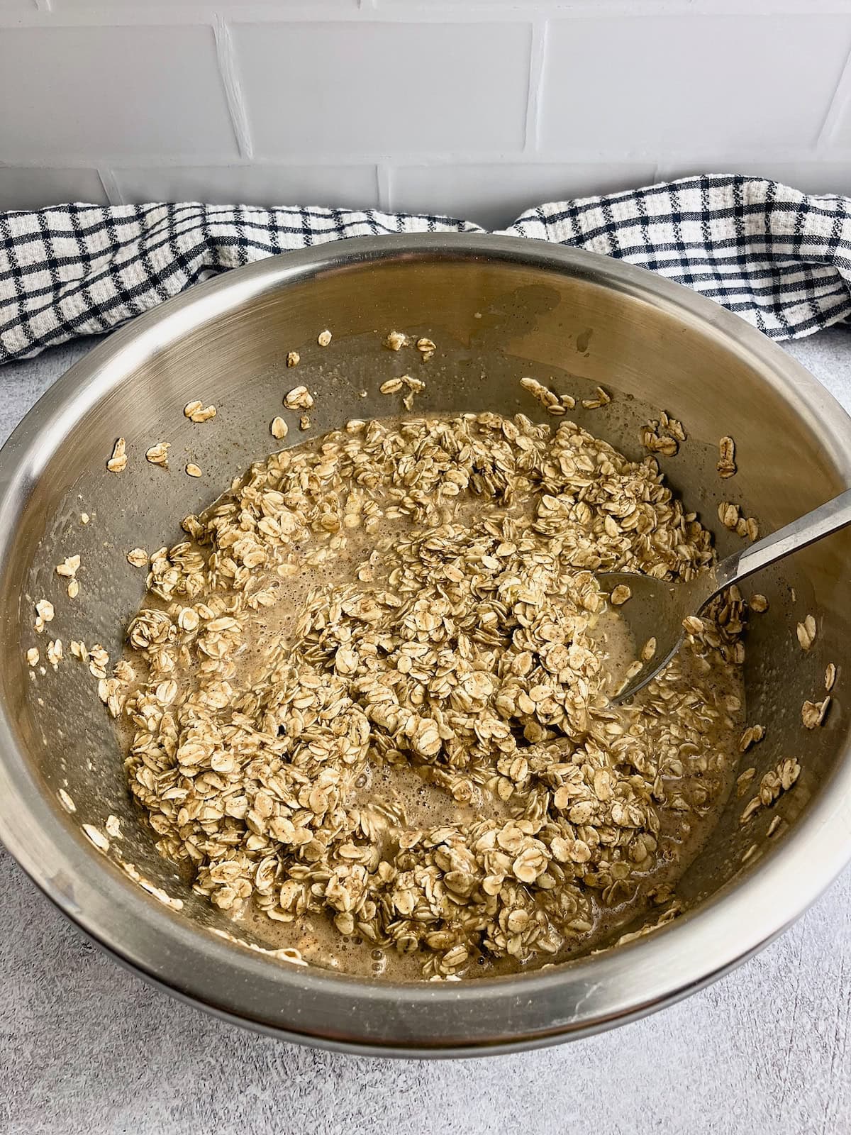 Strawberry baked oatmeal batter mixed together.