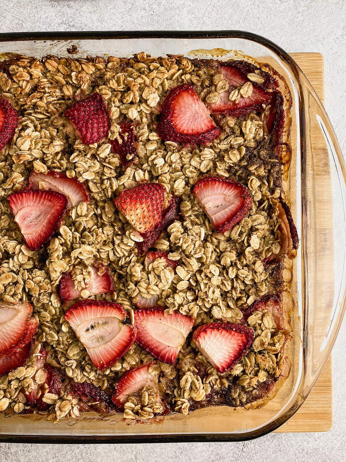 Warm strawberry baked oatmeal just taken from the oven.