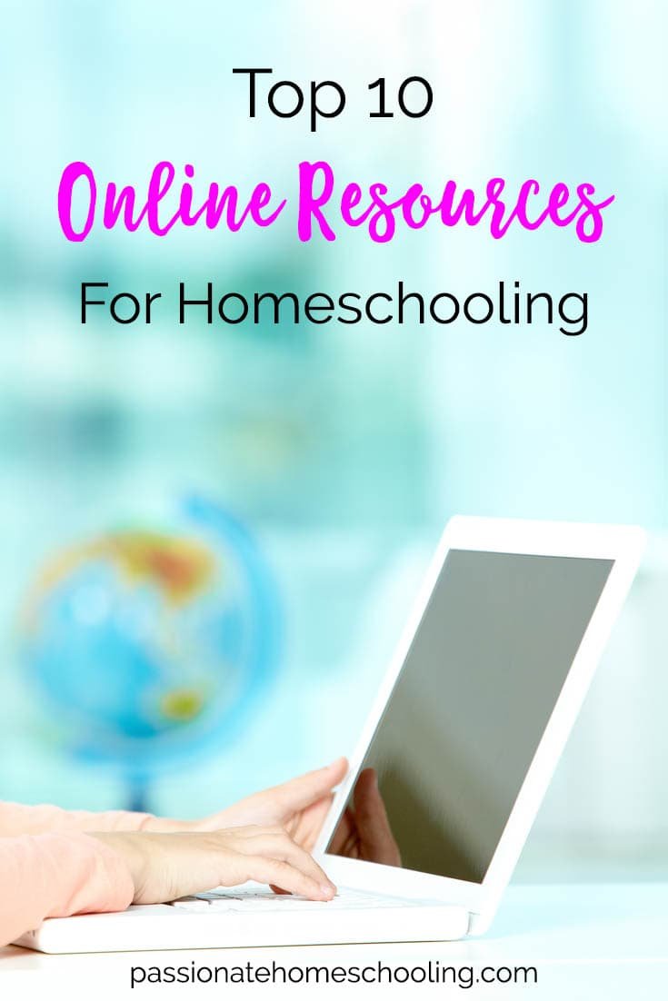 Hands typing on a laptop keyboard. Text overlay says Top 10 Online Resources For Homeschooling.