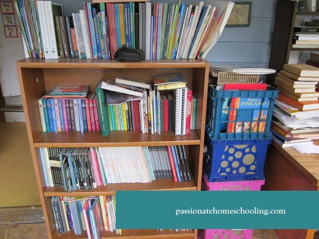 Bookshelf of homeschool books.