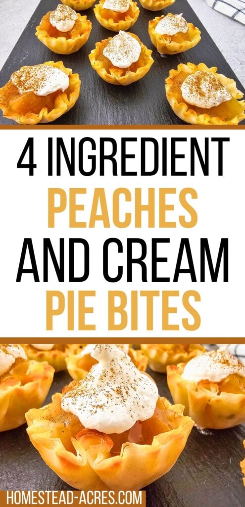 A collage of mini peach pies. The text overlay says 4 Ingredient Peaches And Cream Pie Bites.