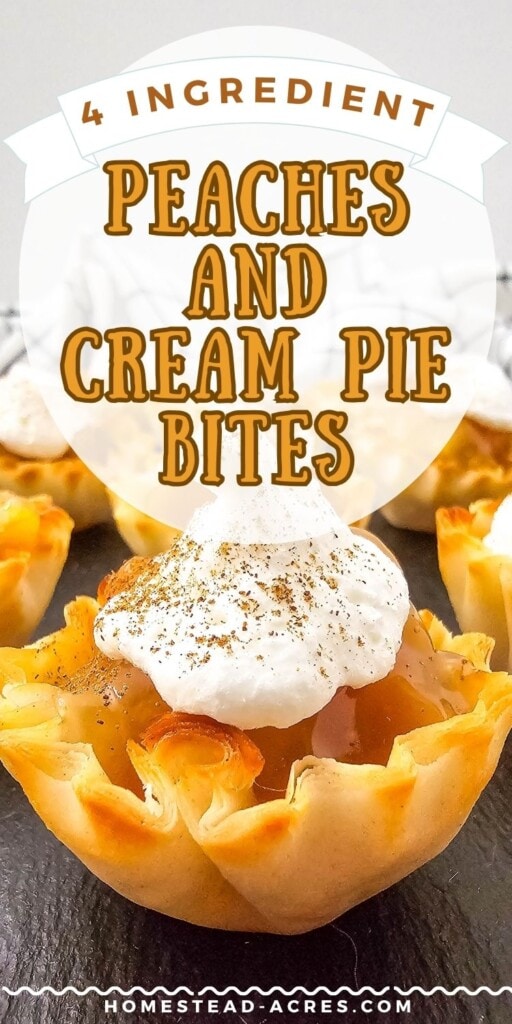 Mini peach pies on a black slate serving tray. The text overlay says 4 Ingredient Peaches And Cream Pie Bites.