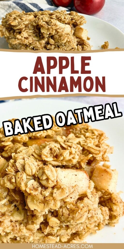 A collage of baked oatmeal slices on a plate. The text overlay says Apple Cinnamon Baked Oatmeal.