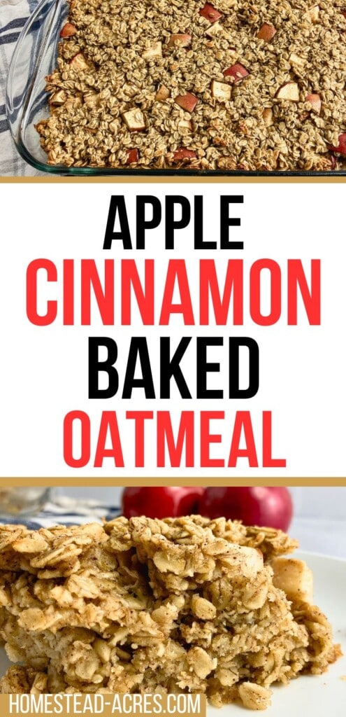 A collage of a baking dish and a slice of baked oatmeal. The text overlay says Apple Cinnamon Baked Oatmeal.
