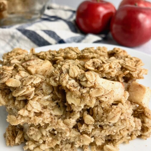 A slice of homemade apple cinnamon baked oatmeal on a plate.
