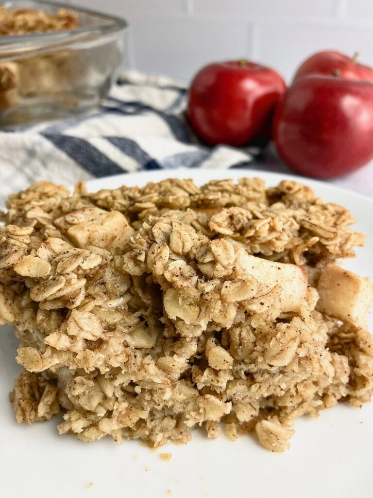 A slice of homemade apple cinnamon baked oatmeal on a plate.