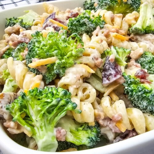 Easy broccoli pasta salad in a white serving dish.