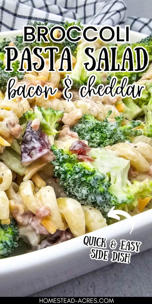 Homemade pasta salad with cheddar cheese, broccoli, and bacon in a white serving dish. The text overlay says Broccoli Pasta Salad Bacon And Cheddar Quick And Easy Side Dish.