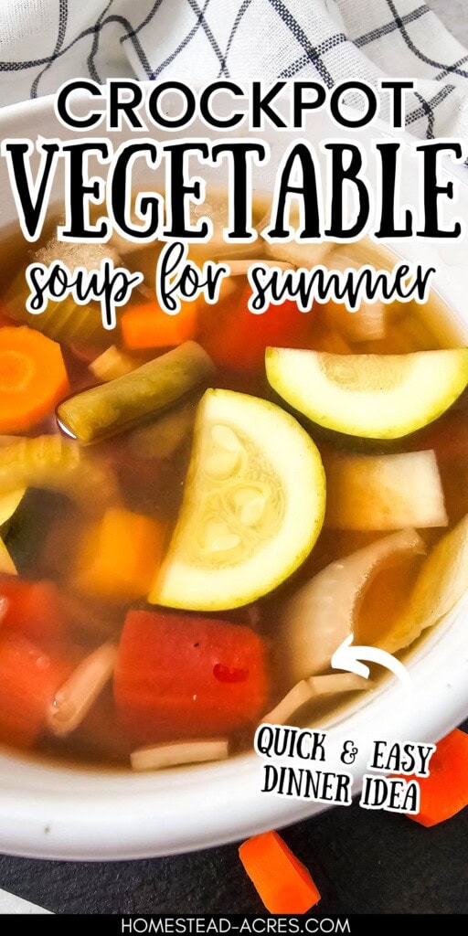 A bowl of homemade vegetable soup. The text overlay says CrockPot Vegetable Soup For Summer Quick And Easy Dinner Idea.