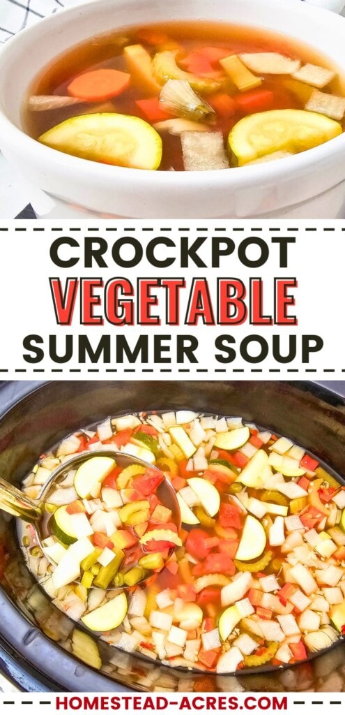 A collage of vegetable soup in a slow cooker and in a bowl. The text overlay says Crockpot Vegetable Summer Soup.