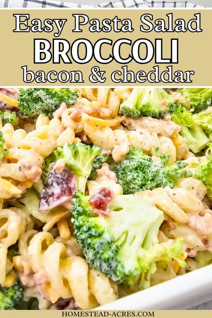 Broccoli pasta salad in a white serving dish. The text overlay says Easy Pasta Salad Broccoli, Bacon, And Cheddar.