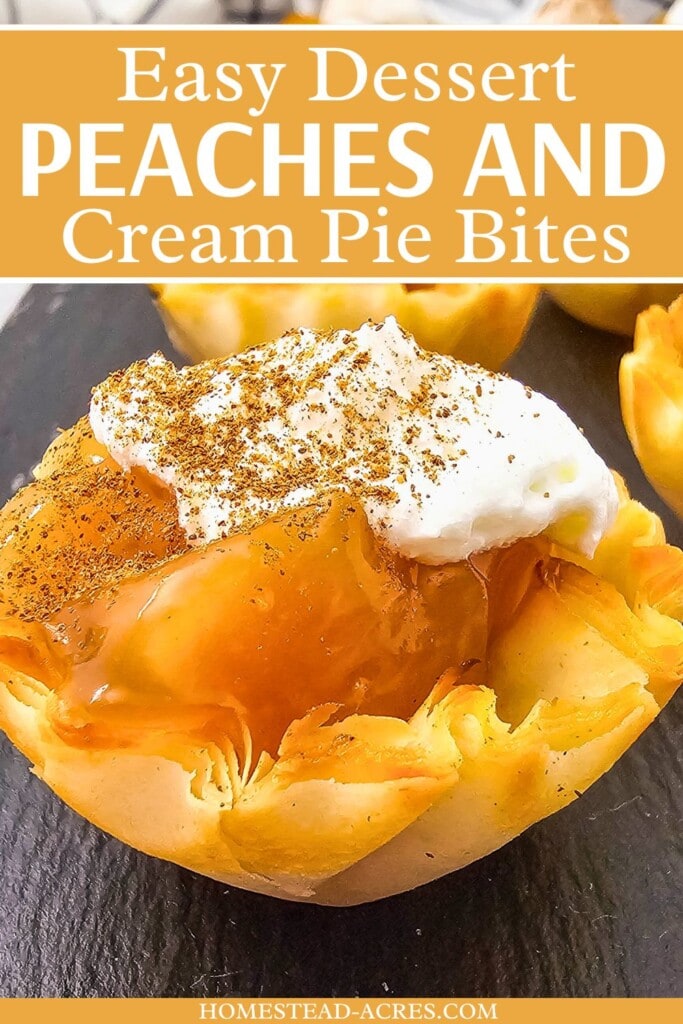 Mini peach pies in a flaky pastry. The text overlay says Easy Dessert Peaches And Cream Pie Bites.