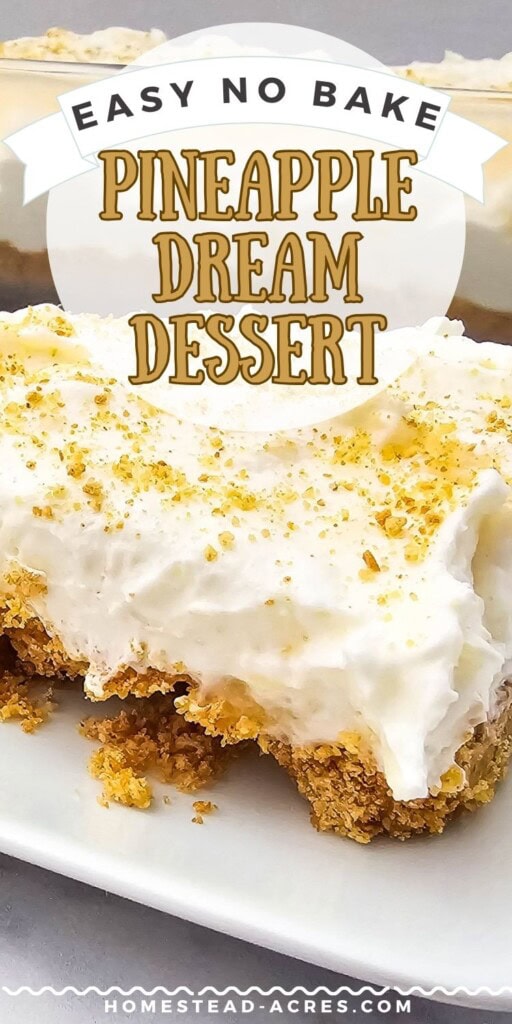 A large slice of pineapple dream dessert on a white plate. The text overlay says Easy No Bake Pineapple Dream Dessert.
