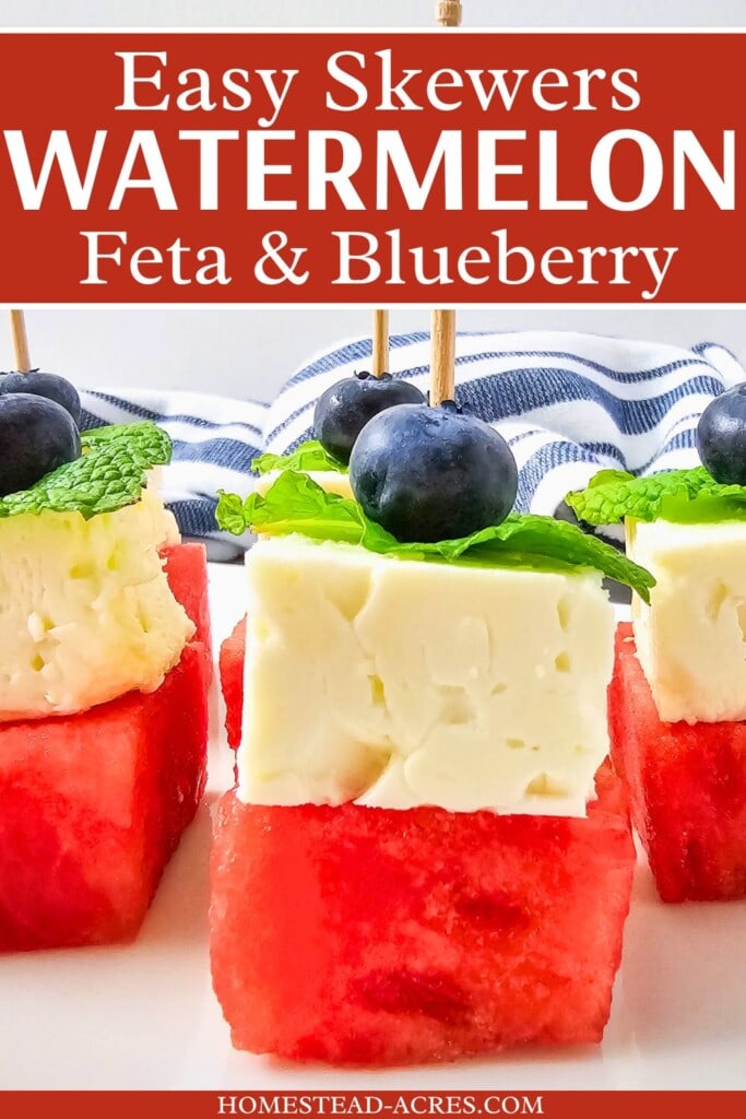 A platter of watermelon skewers. The text overlay says Easy Skewers Watermelon Feta And Blueberry.
