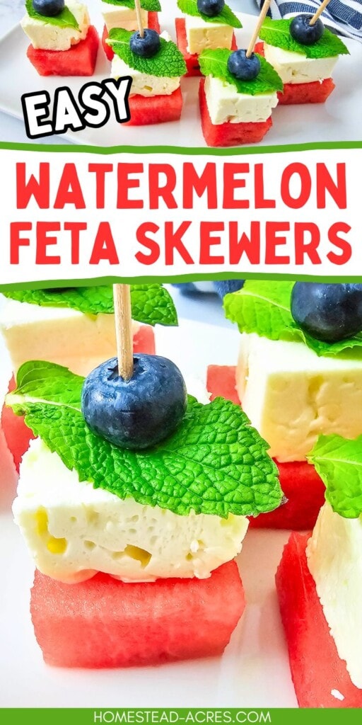 A collage of watermelon skewers on a platter. The text overlay says Easy Watermelon Feta Skewers.