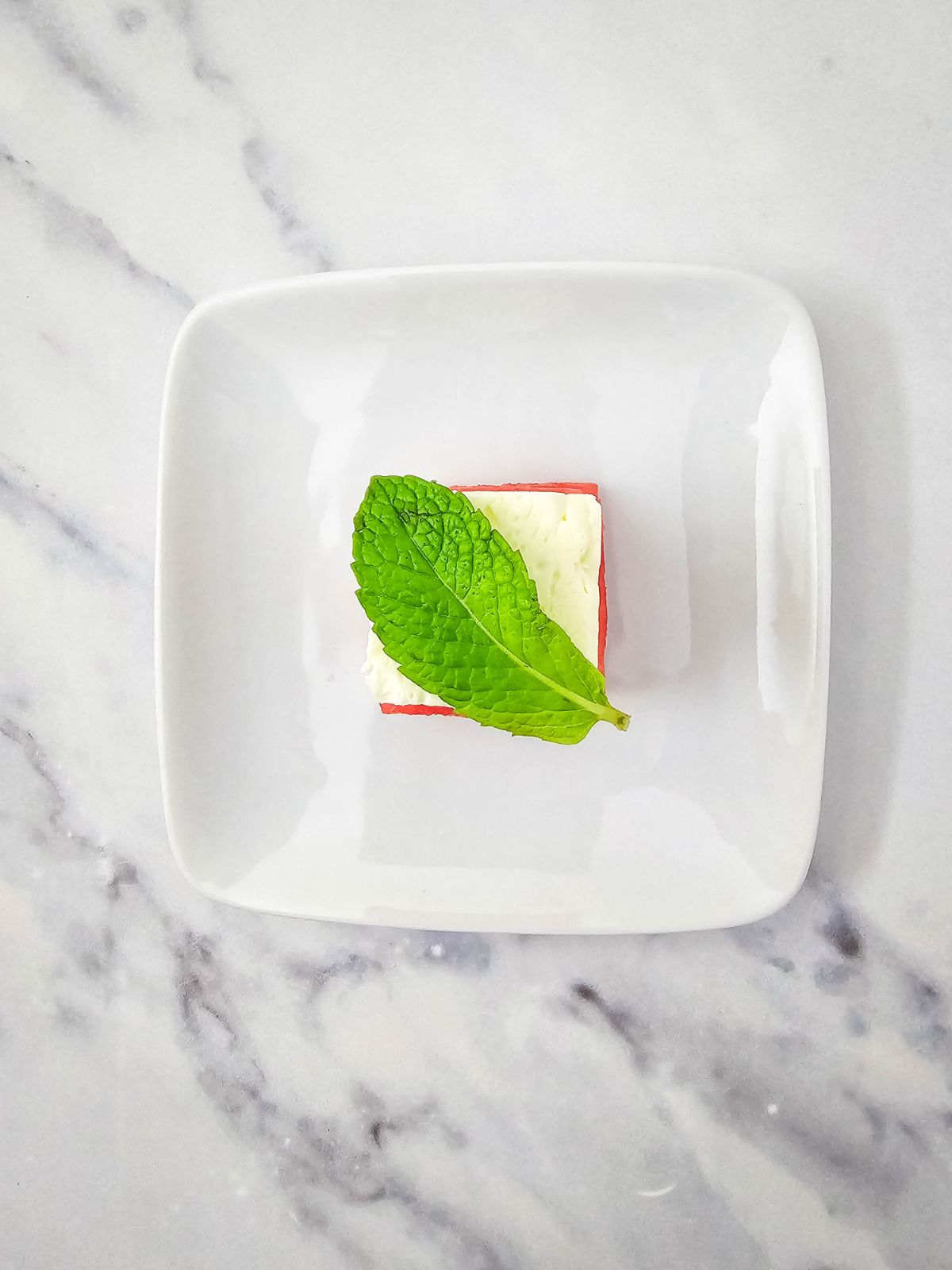 Fresh mint leaf placed on top of the watermelon and feta cheese.
