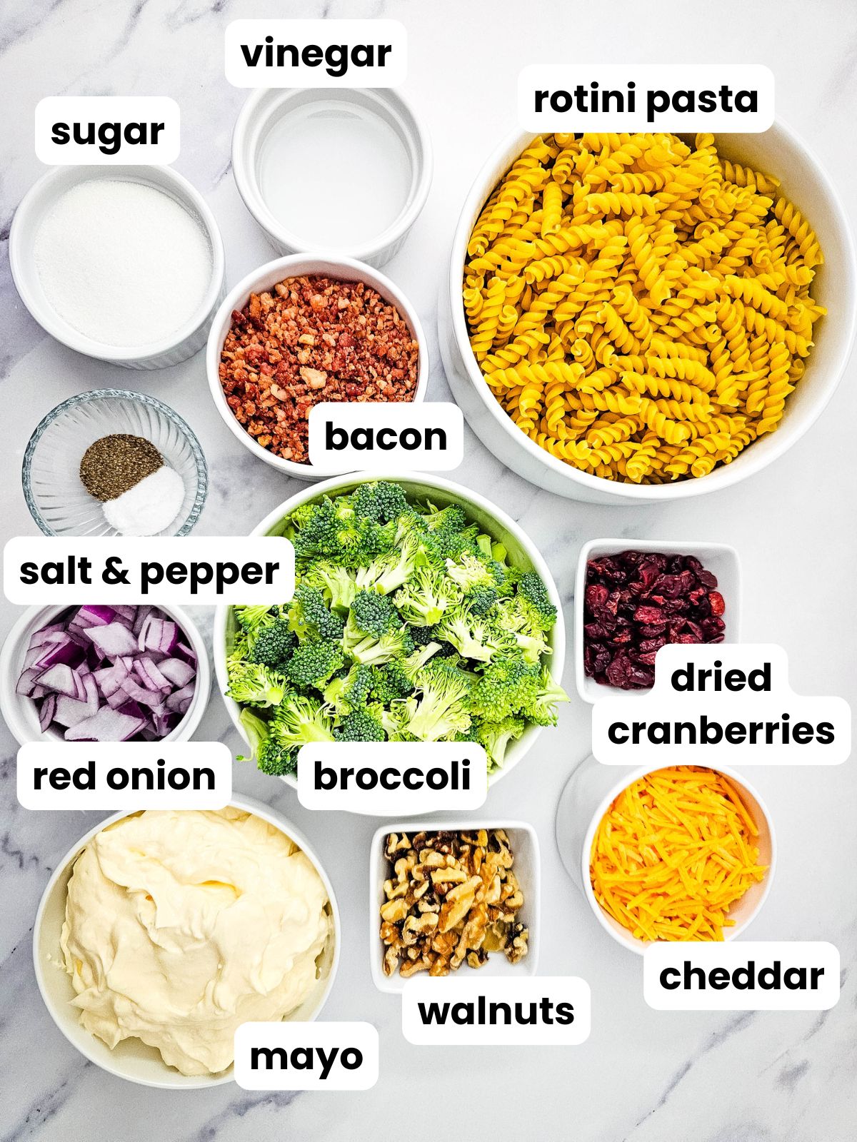 Ingredients for the broccoli pasta salad in bowls. Including rotini pasta, broccoli florets, bacon, diced red onion, mayonnaise, sugar, vinegar, walnuts, dried cranberries, cheddar cheese, salt, and pepper.