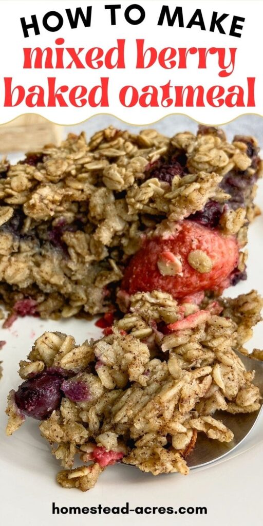 A slice of berry baked oatmeal on a plate. The text overlay says How To Make Mixed Berry Baked Oatmeal.