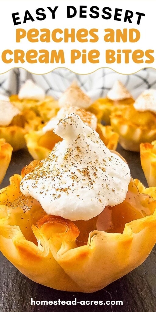 Mini peach pies in a pastry shell. The text overlay says Easy Dessert Peaches And Cream Pie Bites.