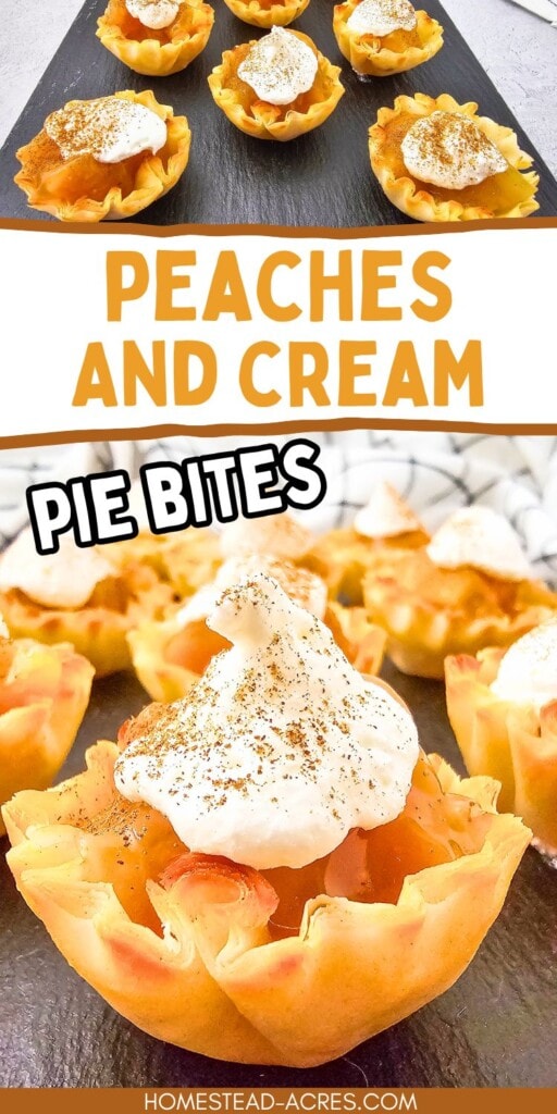 A collage of mini peach pies. The text overlay says Peaches And Cream Pie Bites.