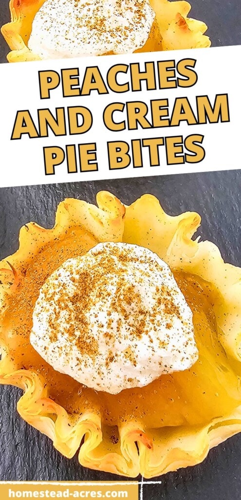Mini peach pies topped with whipped topping and cinnamon. The text overlay says Peaches And Cream Pie Bites.