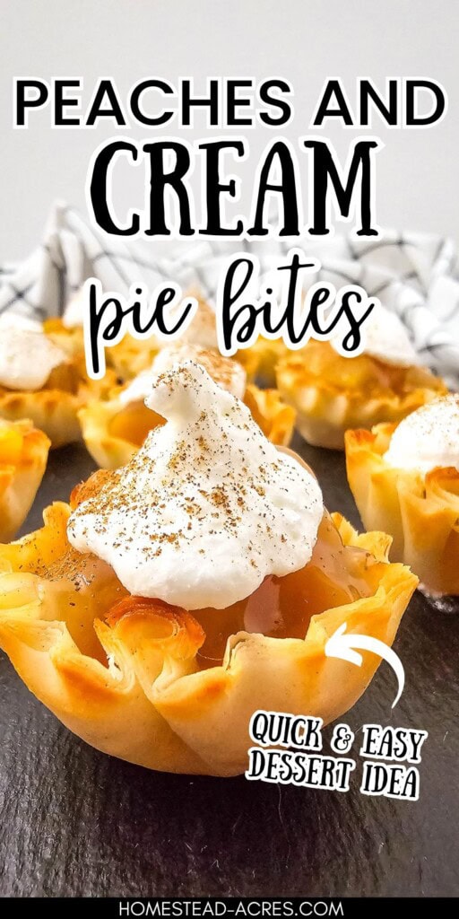 Mini peach pies topped with whipped topping. The text overlay says Peaches And Cream Pie Bites Quick And Easy Dessert Idea.