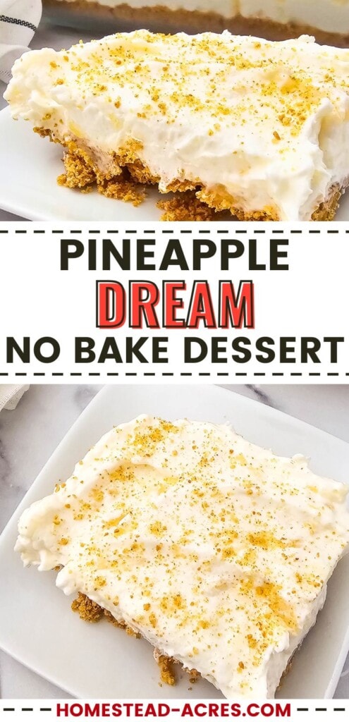 A collage of slices of pineapple dream dessert. The text overlay says Pineapple Dream No Bake Dessert.