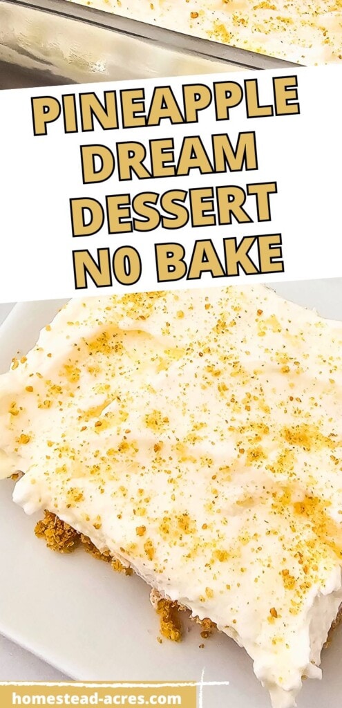 A slice of pineapple dream dessert with graham cracker crumbs on top. The text overlay says Pineapple Dream Dessert No Bake.