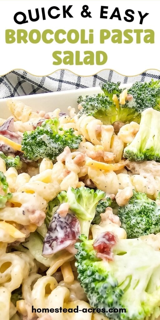 Broccoli pasta salad with red onion, cheese, and bacon in a white serving dish. The text overlay says Quick And Easy Broccoli Pasta Salad.