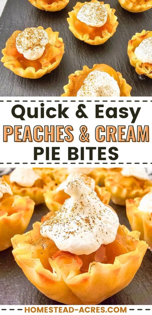 A collage of peach pie bites on a black slate serving board. The text overlay says Quick And Easy Peaches And Cream Pie Bites.