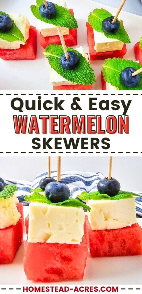 A collage of watermelon skewers on a platter. The text overlay says Quick And Easy Watermelon Skewers.