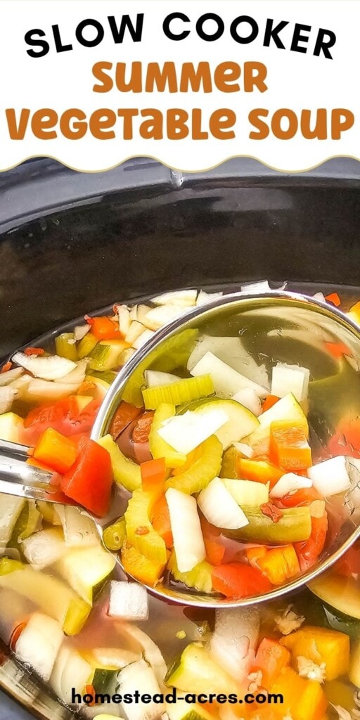 A ladle lifts soup out of a crockpot. The text overlay says Slow Cooker Summer Vegetable Soup.