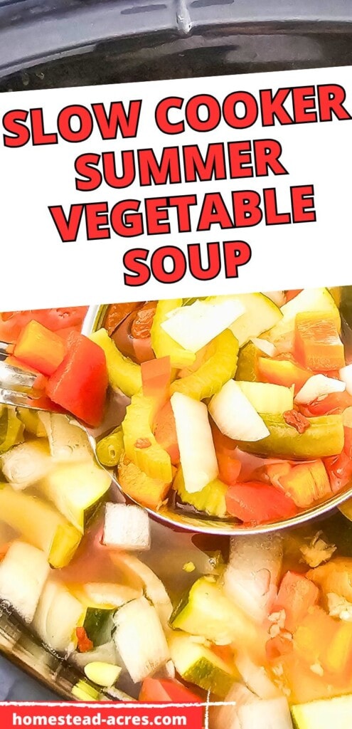 A ladle lifting vegetable soup out of a crockpot. The text overlay says Slow Cooker Summer Vegetable Soup.