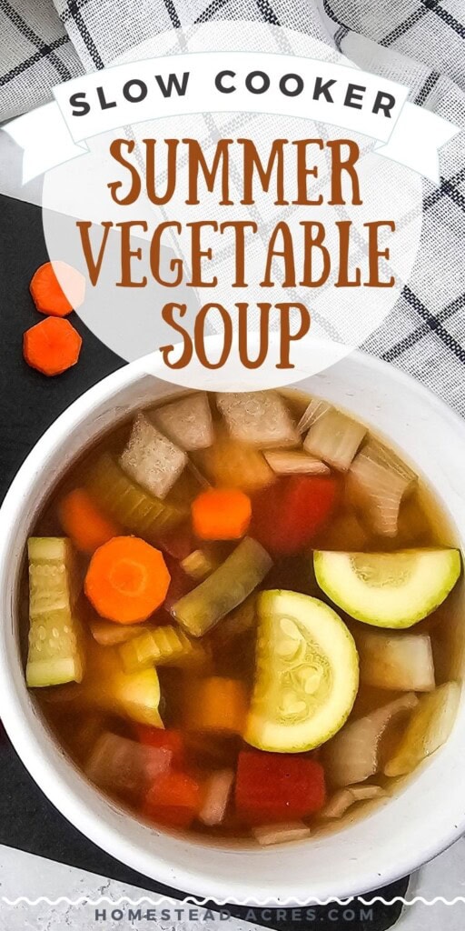 A bowl of vegetable soup. The text overlay says Slow Cooker Summer Vegetable Soup.