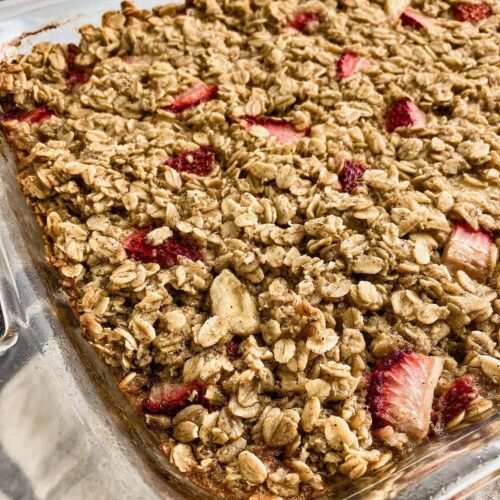 A pan of strawberry banana oatmeal warm from the oven.