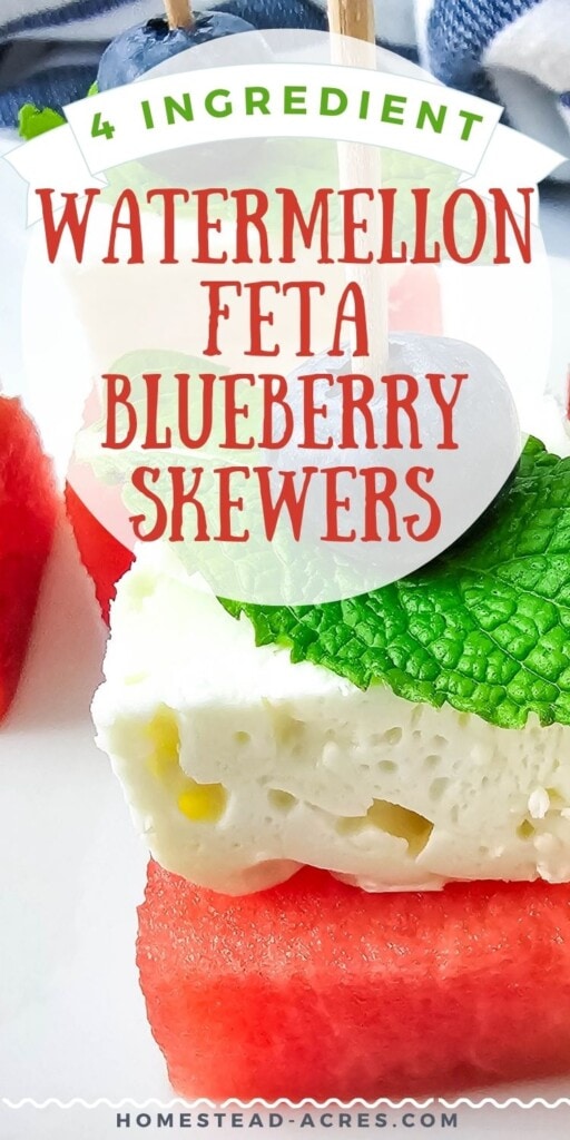 Watermelon skewers on a platter. The text overlay says 4 Ingredient Watermelon Feta Blueberry Skewers.