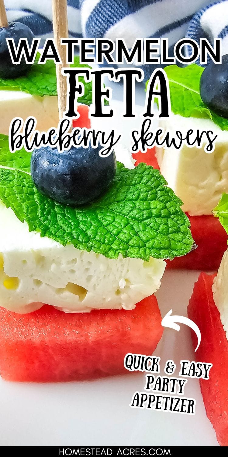 Fresh watermelon skewers on a platter. The text overlay says Watermelon Feta Blueberry Skewers Quick And Easy Party Appetizer.