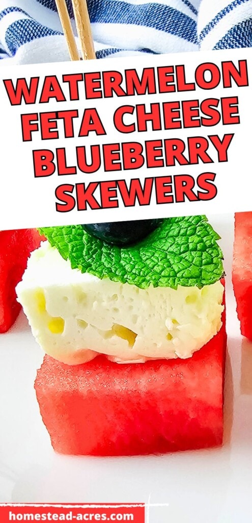 Easy watermelon skewers on a platter. The text overlay says Watermelon Feta Cheese Blueberry Skewers.