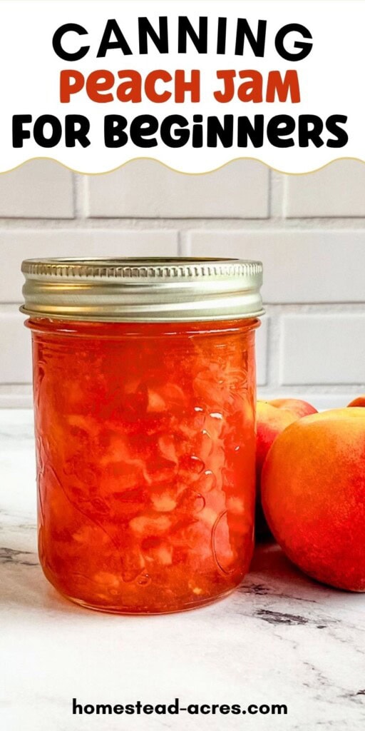 A jar of peach jam and fresh peaches on a counter. The text overlay says Canning Peach Jam For Beginners.