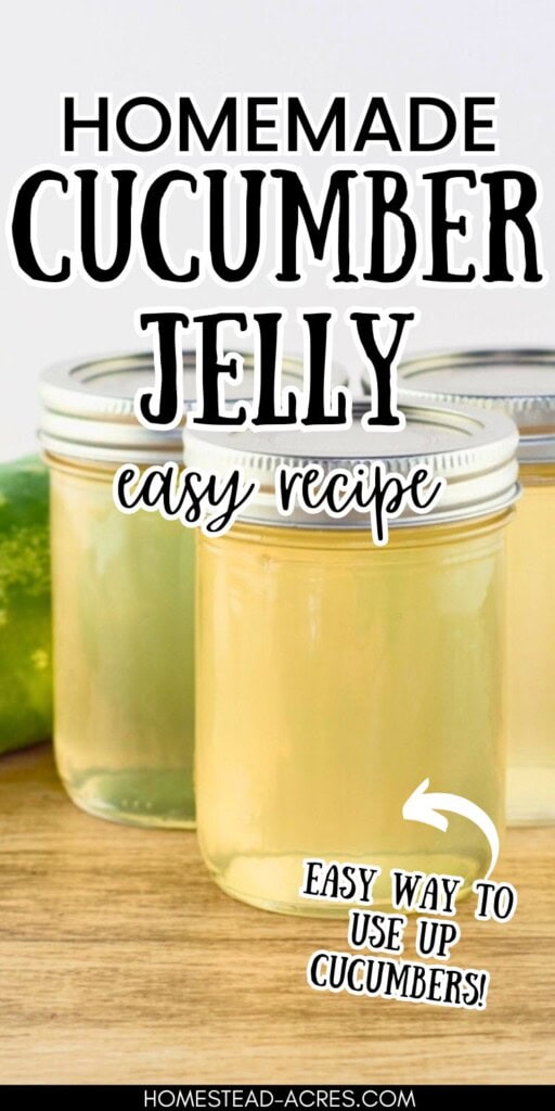 Three jars of cucumber jelly on a wooden table next to a cucumber. The text overlay says Homemade Cucumber Jelly Easy Recipe. Easy Way To Use Up Cucumbers.