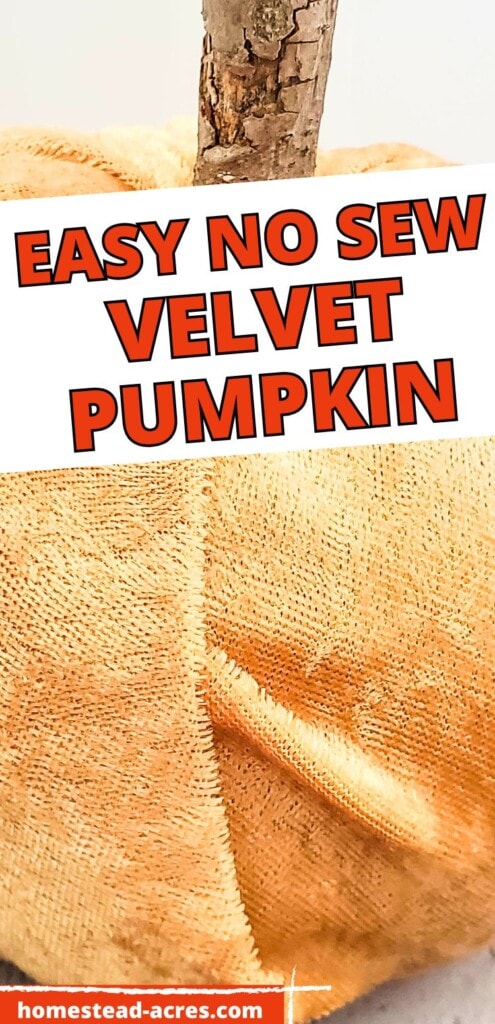 A DIY fabric pumpkin with a wooden stem. The text overlay says Easy No Sew Velvet Pumpkin.