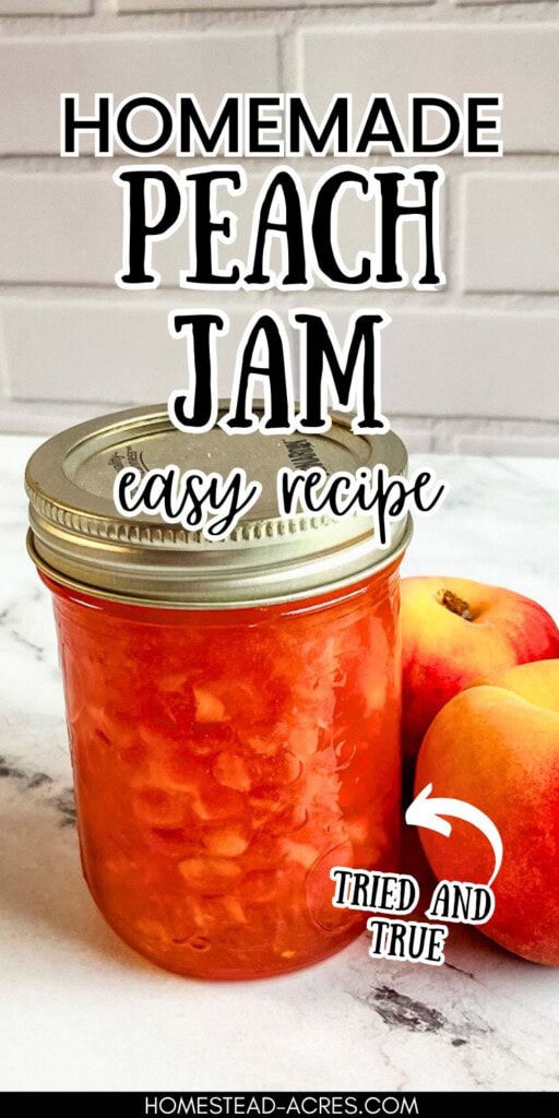 A jar of peach jam sitting next to fresh peaches on the counter. The text overlay says Homemade Peach Jam Easy Recipe Tried And True.